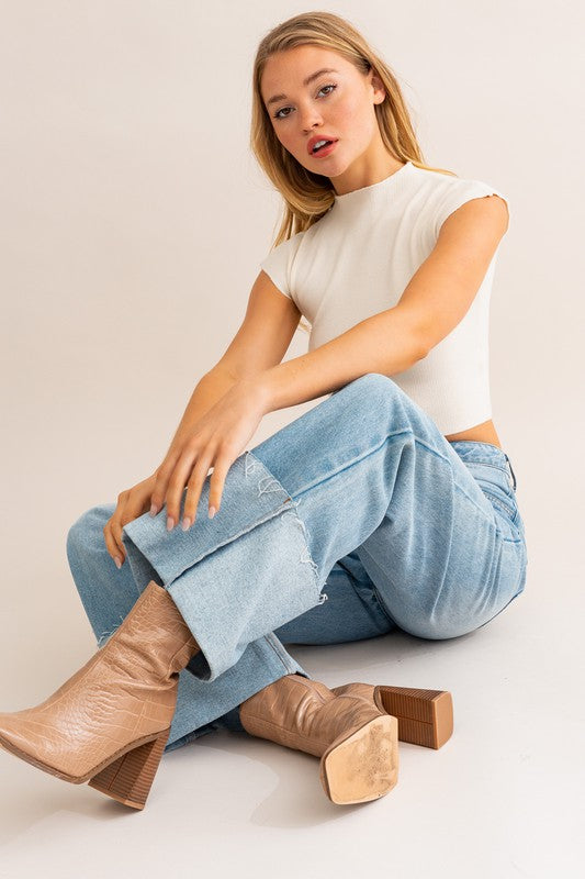 Carrie Cuffed High-Waisted Wide Leg Jeans