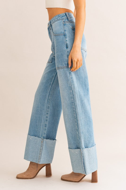 Carrie Cuffed High-Waisted Wide Leg Jeans