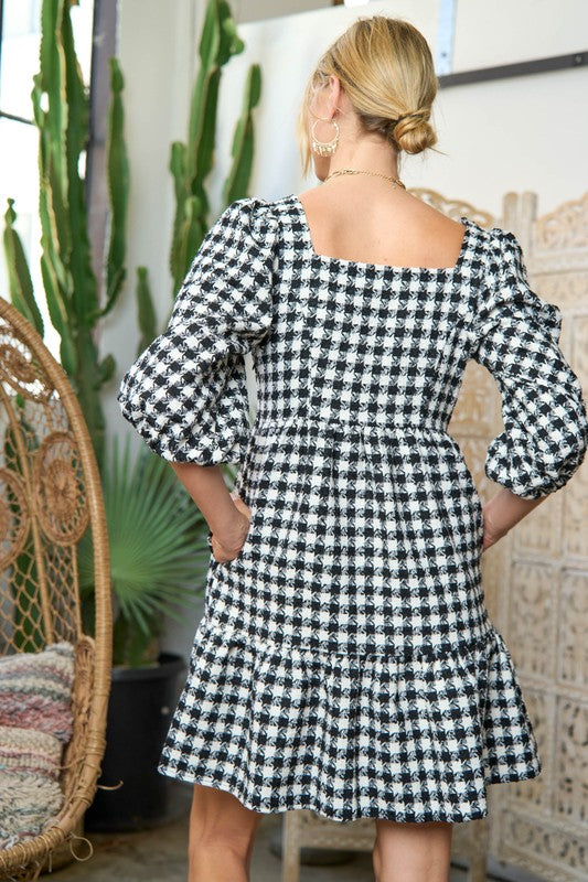 Checkerboard Puff Sleeve Dress