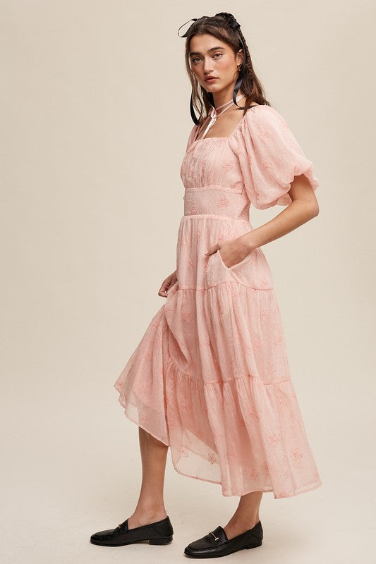 Pastel Petals Embroidered Puff Sleeve Tiered Maxi Dress
