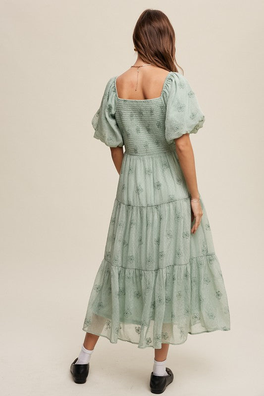 Pastel Petals Embroidered Puff Sleeve Tiered Maxi Dress