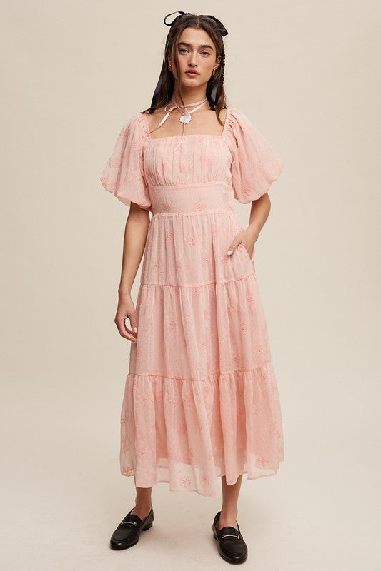 Pastel Petals Embroidered Puff Sleeve Tiered Maxi Dress