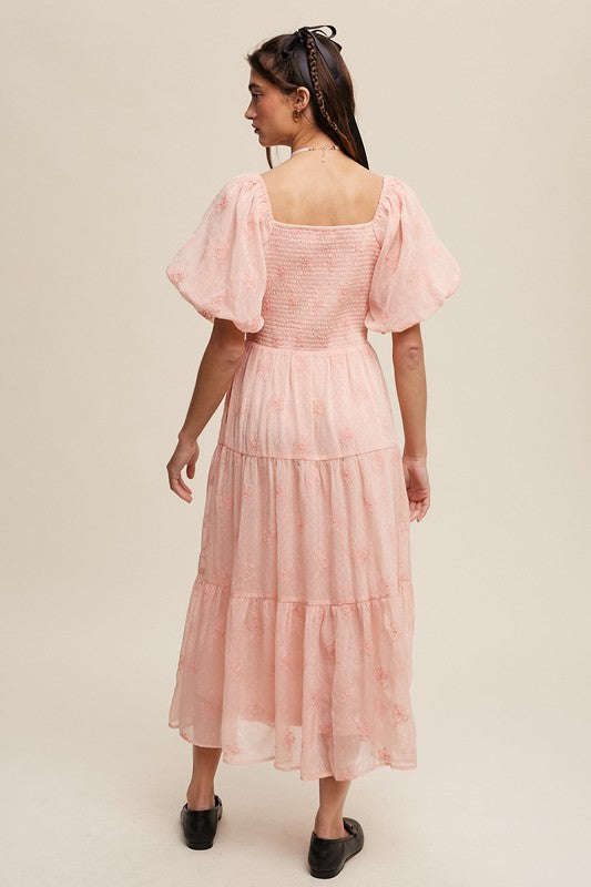 Pastel Petals Embroidered Puff Sleeve Tiered Maxi Dress