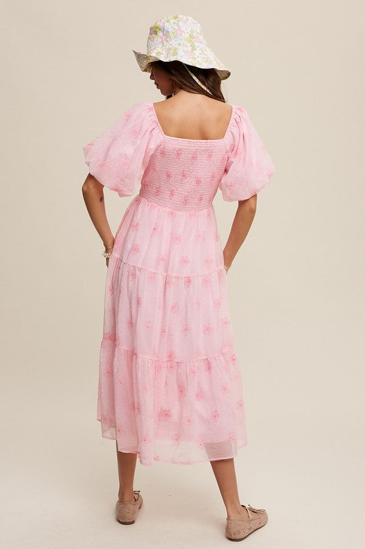 Pastel Petals Embroidered Puff Sleeve Tiered Maxi Dress