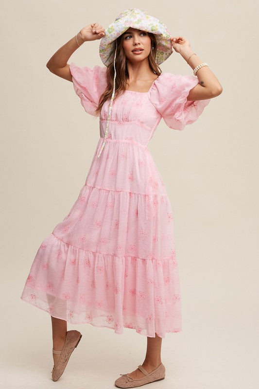 Pastel Petals Embroidered Puff Sleeve Tiered Maxi Dress