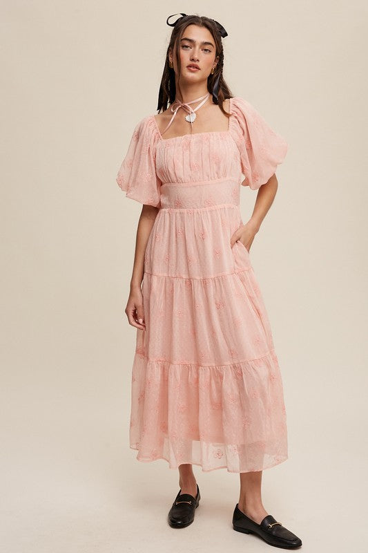 Pastel Petals Embroidered Puff Sleeve Tiered Maxi Dress
