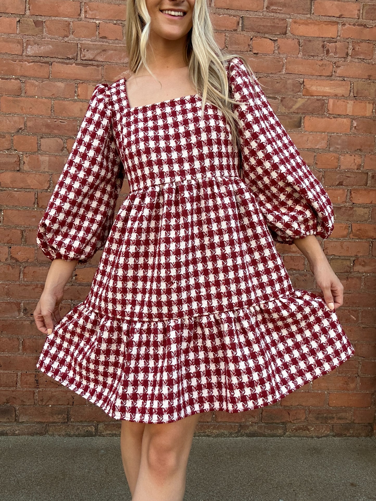 Checkerboard Puff Sleeve Dress