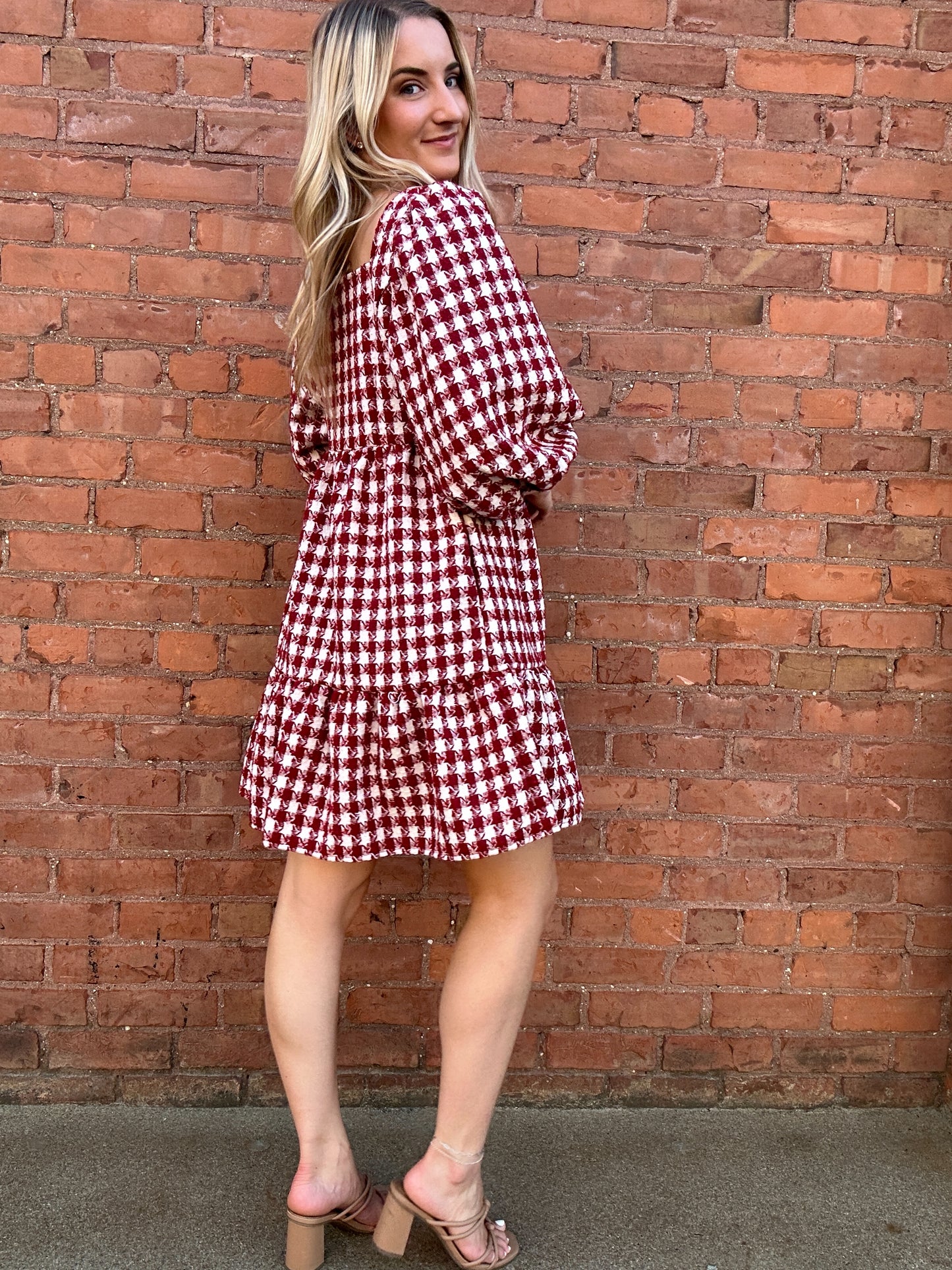Checkerboard Puff Sleeve Dress