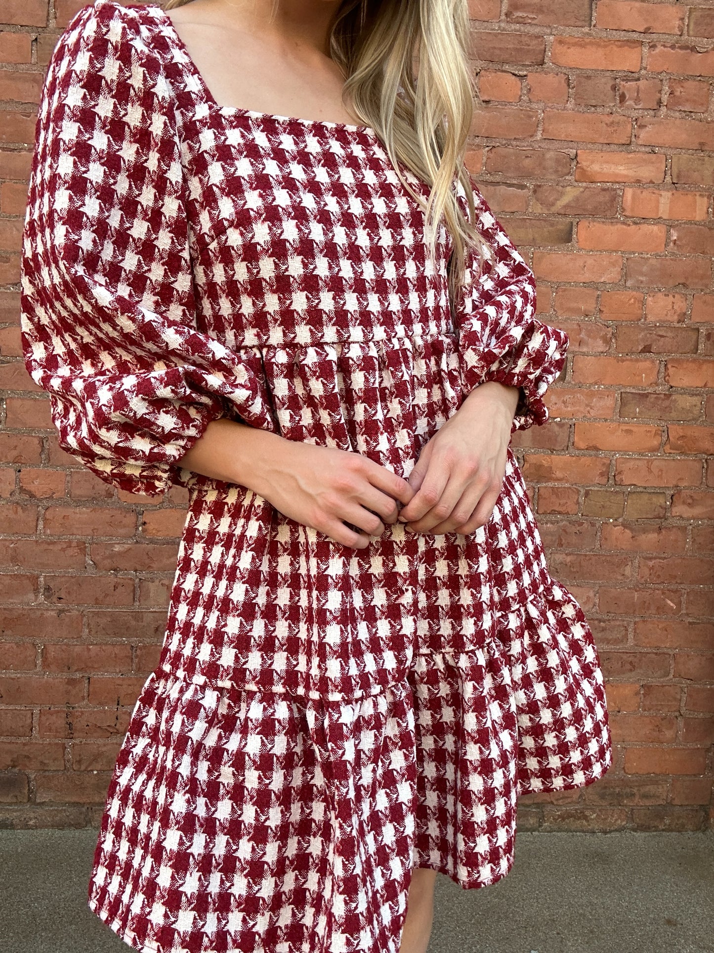 Checkerboard Puff Sleeve Dress