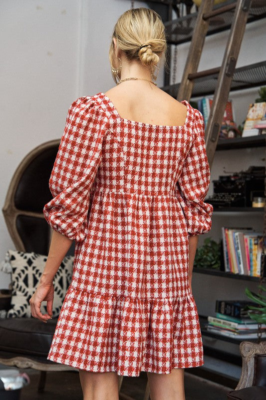 Checkerboard Puff Sleeve Dress