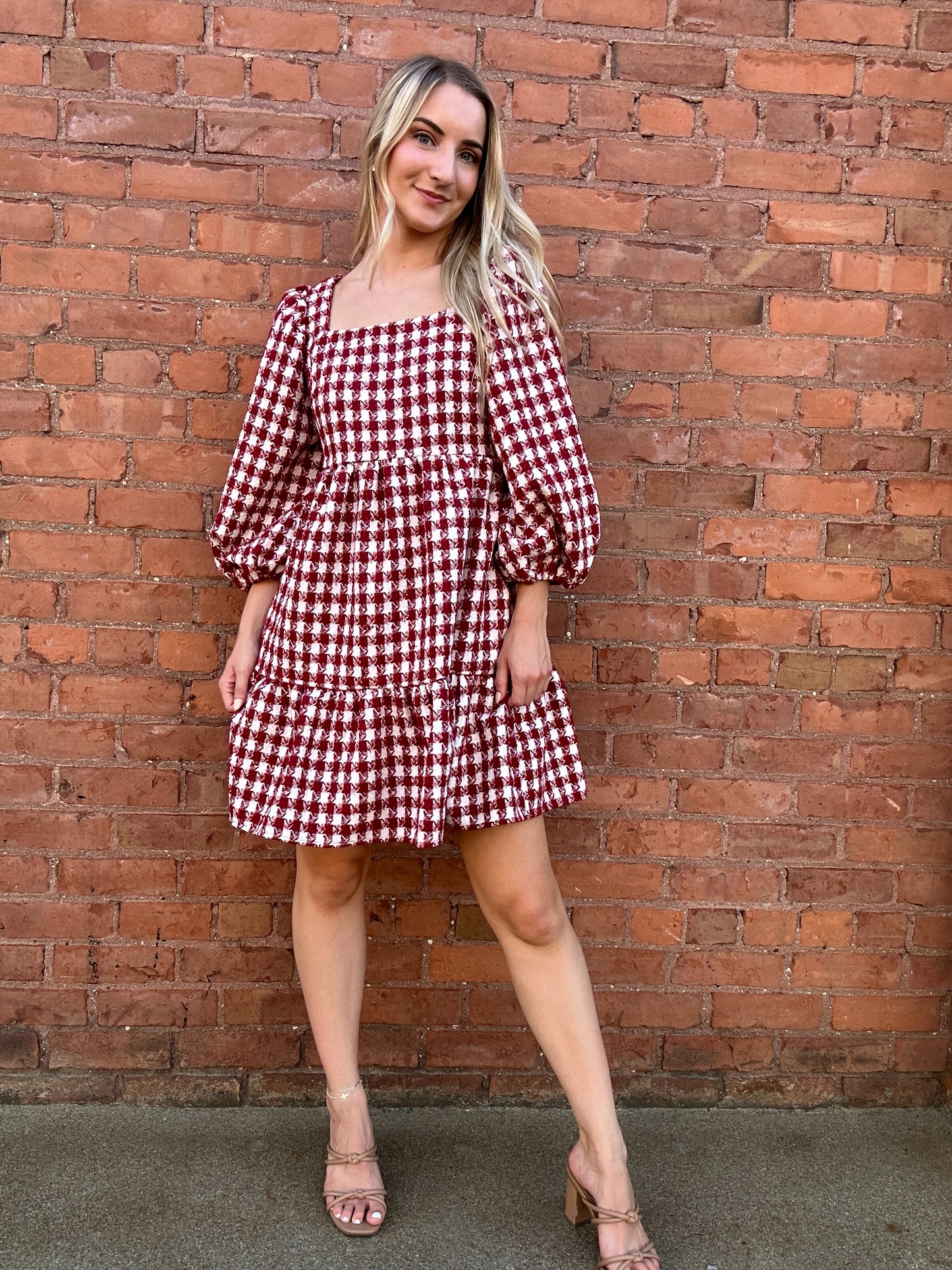 Checkerboard Puff Sleeve Dress