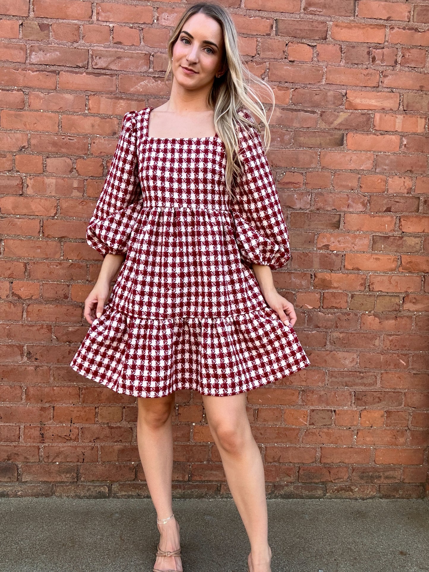 Checkerboard Puff Sleeve Dress