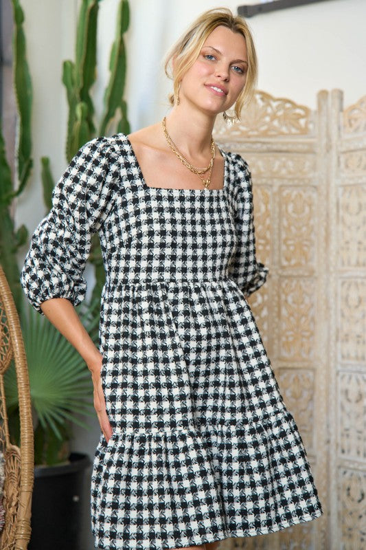 Checkerboard Puff Sleeve Dress