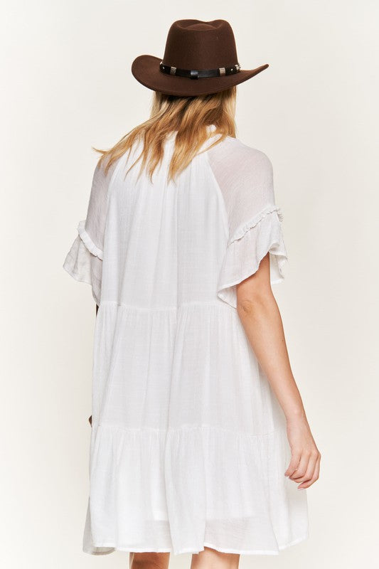 Ruffled neck tiered mini dress