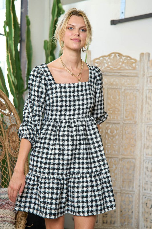 Checkerboard Puff Sleeve Dress
