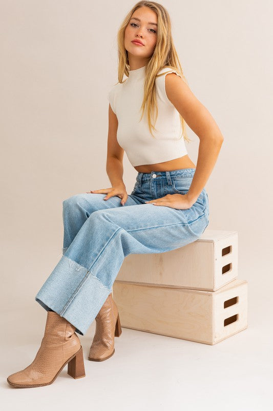 Carrie Cuffed High-Waisted Wide Leg Jeans
