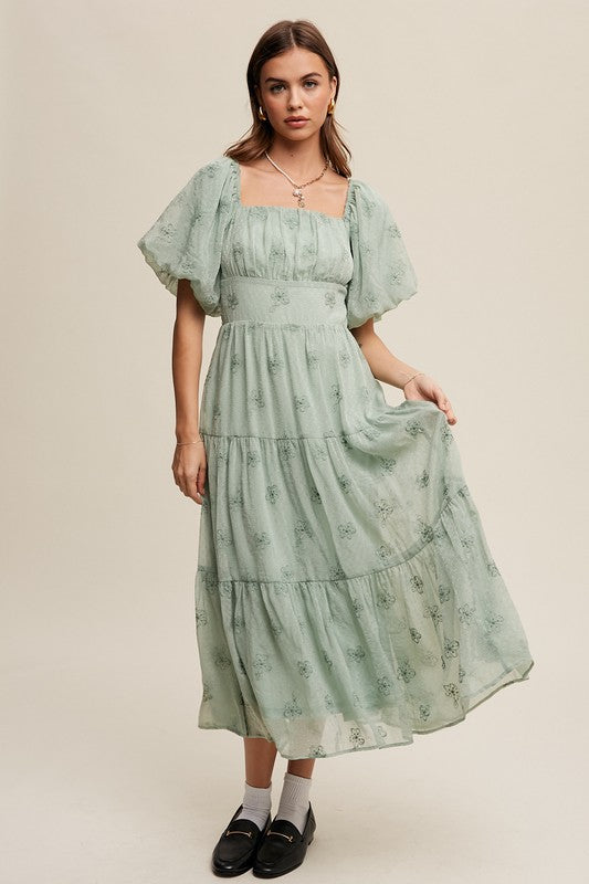 Pastel Petals Embroidered Puff Sleeve Tiered Maxi Dress