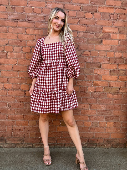 Checkerboard Puff Sleeve Dress